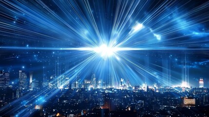 Obraz premium An otherworldly urban landscape featuring a skyline enhanced with digital effects.