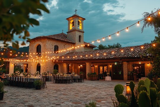 Tuscan chapel wedding reception at dusk