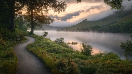 Serene sunrise over misty lake with winding path.