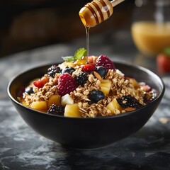 Honey drizzled over a bowl of granola, yogurt, berries, and sliced apples.
