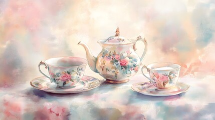 Elegant tea set featuring pink roses and a teapot
