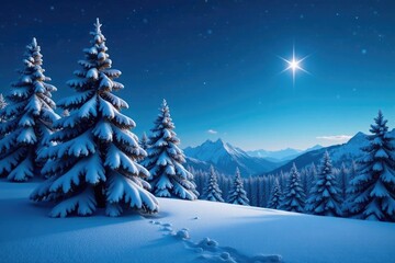 Fototapeta premium Snow-covered pine trees with a star shining in the night sky, frost, landscape