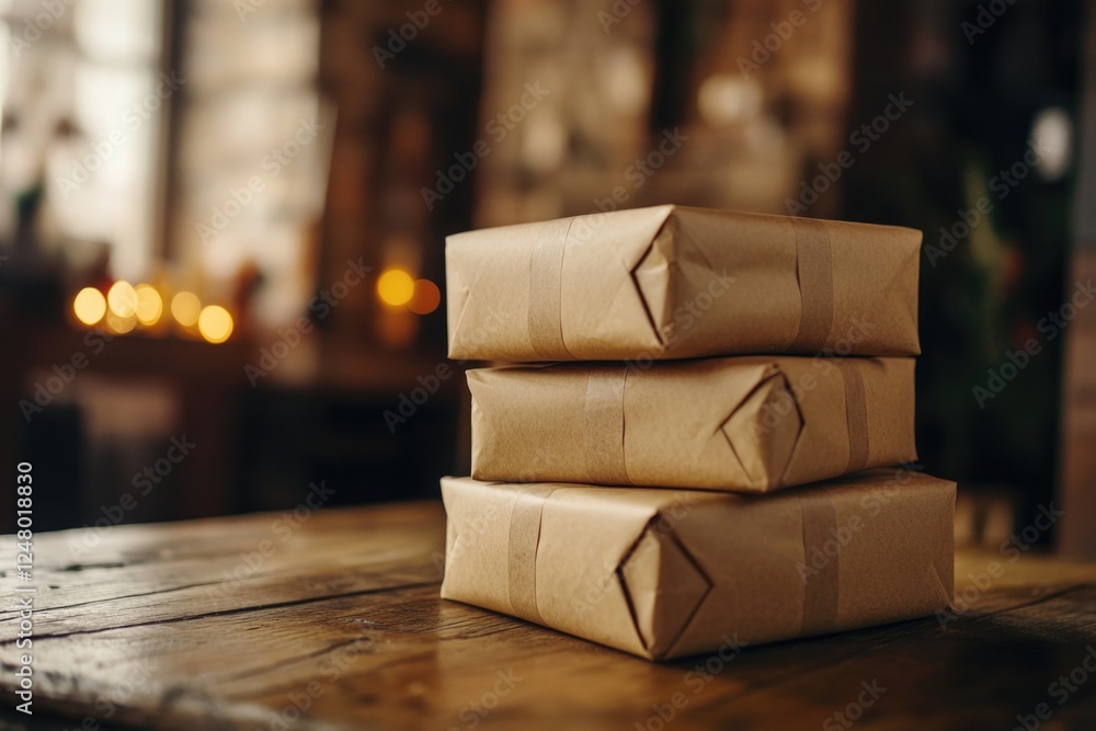 Poster three boxes stacked on a wooden table, perfect for storage or display