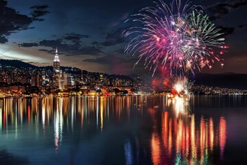 New Year festivities illuminate the skyline of a bustling urban center beside the lake.