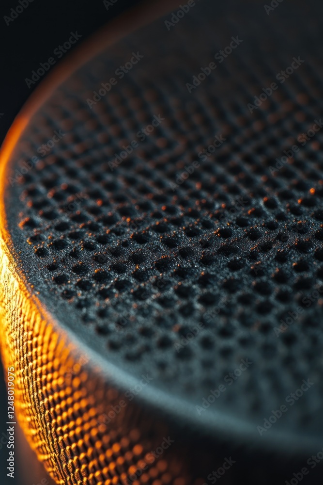 Poster close-up of a dark, textured surface with a grid pattern, illuminated by warm light.