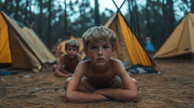 Two boys sit in front of camping tents in a pine forest, looking thoughtfully ahead.