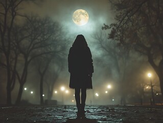 Foggy Park Path, Girl Silhouette, Moonlit Night