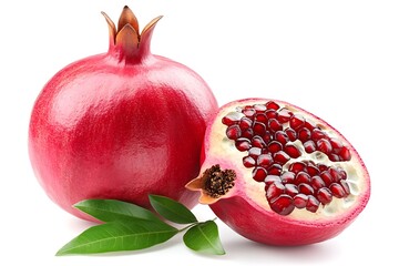 Fresh pomegranate whole and sliced on white background
