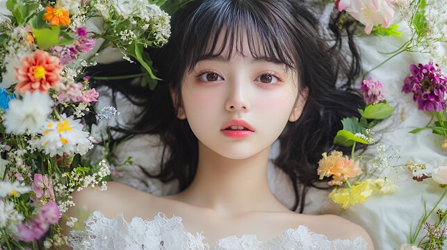 花に囲まれた女性のポートレート - 春の息吹を感じて Portrait of a Woman Surrounded by Flowers - Feel the Breath of Spring