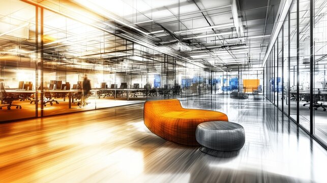 Innovative workspace aesthetics enhanced by artistic motion blur.