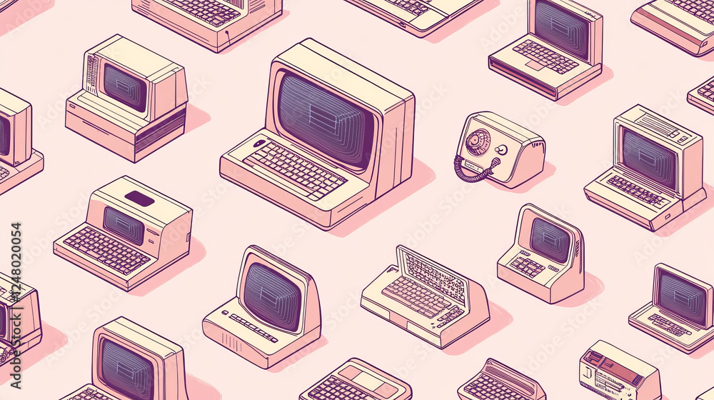 Poster seamless pattern with isometric modern laptop and vintage computers on pink background. technology w