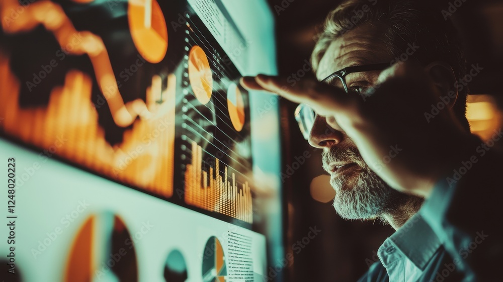 Aufkleber focused professional analyzing data trends on digital screen with graphs and charts in modern office
