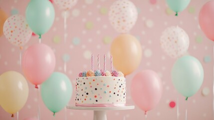 Pastel birthday cake with candles surrounded by balloons against a pink background.
