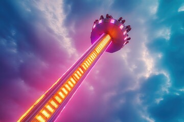 Illuminated amusement park ride against a dramatic twilight sky.