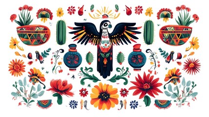 Naklejka premium Vibrant Boho Inspired Floral Pattern with Abstract Ornamental Designs and Nature Themed Elements