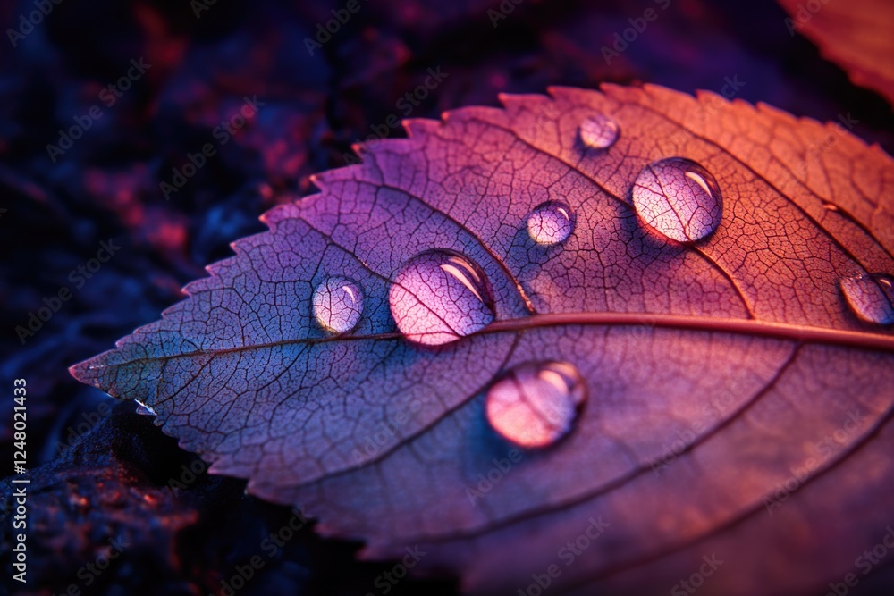 Poster a detailed view of a leaf covered in water droplets, perfect for use in nature or science related co