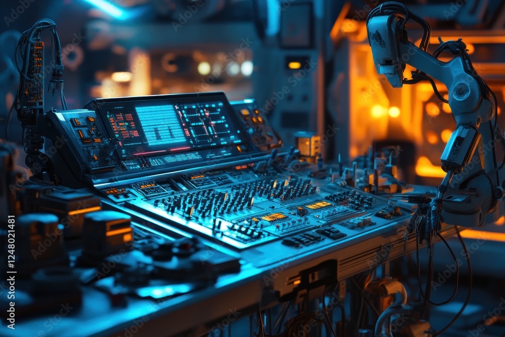 Poster futuristic control panel with robotic arm in a high-tech lab. (1)