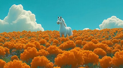 White Horse in a Marigold Field