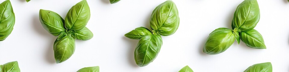 Fototapeta premium Fresh green basil leaves on a white surface, ideal for culinary or wellness use