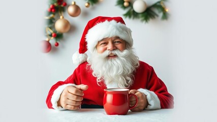Smiling Santa Claus holding a festive mug of hot cocoa, Santa hat, season, traditional