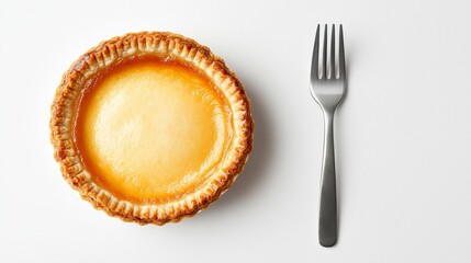 A rustic buttermilk pie with a cracked golden-brown top, a single serving fork beside, cozy lighting, realistic photography style, isolated on white background