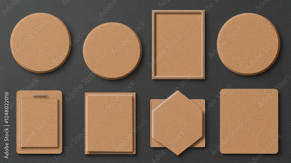 Poster set of memo pin boards with cork texture isolated on transparent background. vector realistic illust