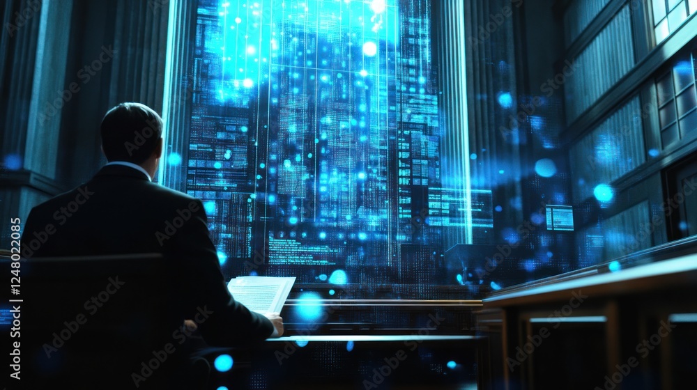 Poster man in suit seated, viewing futuristic data stream through large window in classical building.