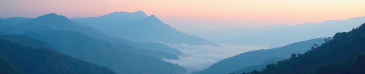 Misty veil rising from the valleys and hills of a mountain range, hills, atmosphere