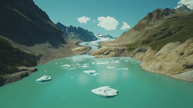 Serene glacial landscape, tranquil turquoise lake surrounded by rugged mountains and clear blue skies inviting exploration.