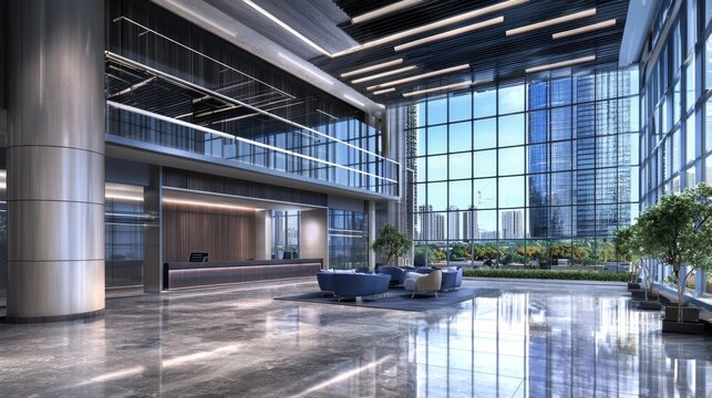 Sleek modern business office building featuring a wide glass curtain wall.
