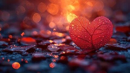 Heart-shaped leaf with droplets on a blurred background.