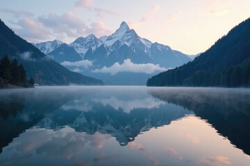 Misty morning on Lake Bohinj with reflections of Triglav mountain, lake, reflection, mist