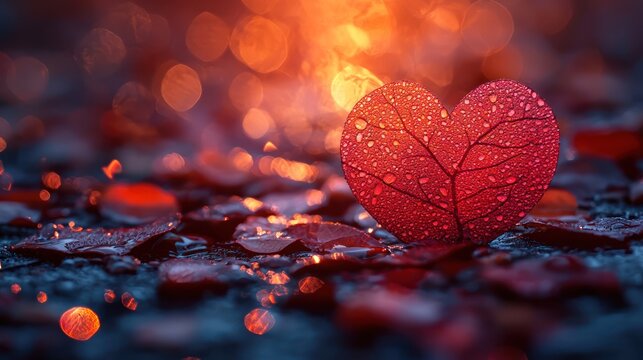 Heart-shaped leaf with droplets on a blurred background.