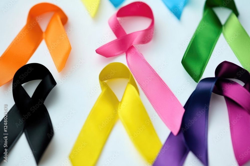 Poster a collection of colorful ribbons placed neatly on a white background