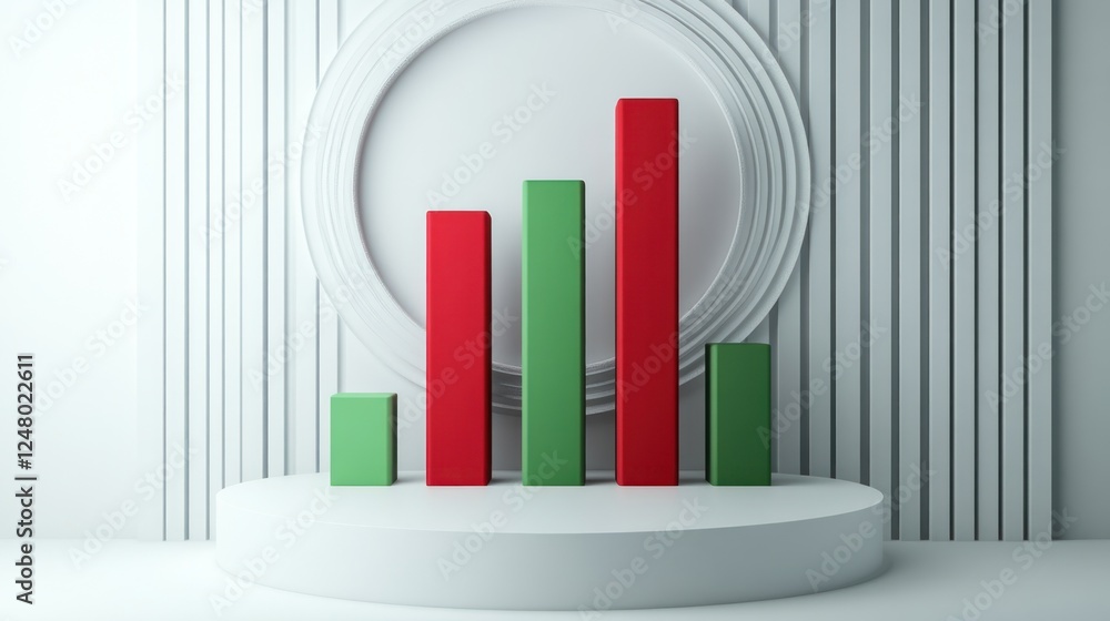Poster red and green bar graph on white platform with circular background.