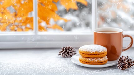 A scene of homemade pumpkin whoopie pies cooling by a window, with frosted leaves outside and a cup of hot cocoa next to them