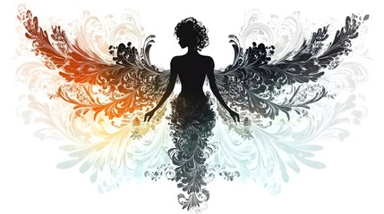 Fototapeta premium Silhouette of Mystical Winged Goddess with Vibrant Feathers and Ornamental Flourishes