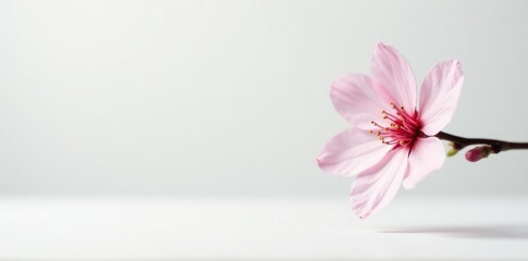Minimalist composition featuring solitary cherry blossom in a plain white space, focus on detail, delicate, white space
