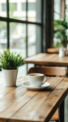 Cozy Cafe Scene with Coffee Cup and Potted Plant on Rustic Wooden Table near Window