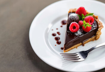 Decadent chocolate tart with fresh raspberries and mint on a white plate