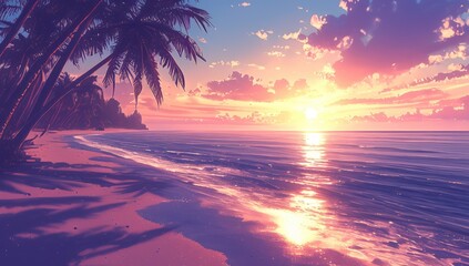 Pastel sunset beach scene with pixel art style, featuring palm trees, soft pink and purple colors, gentle waves, and a vibrant sunset reflecting on the ocean