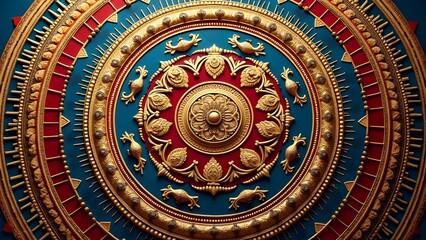 Intricate Temple Ceiling Pattern with Mythological Motifs and Antique Gold Accents