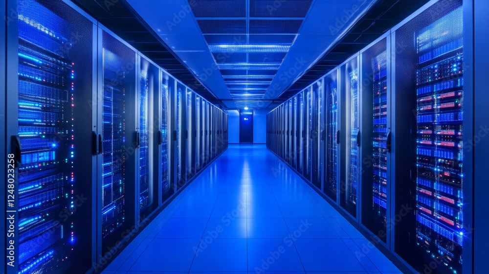 Poster abstract data center room with bright neon blue and pink light glowing server blocks. realistic 3d v