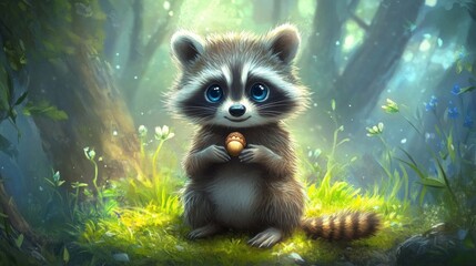 Obraz premium Adorable Baby Raccoon in Enchanting Forest