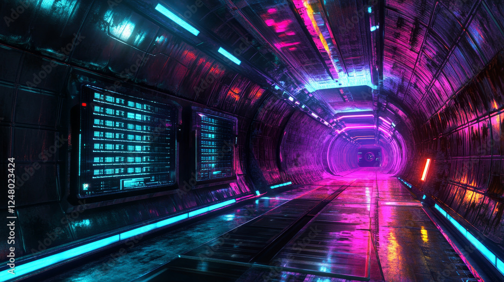 Poster abstract data center room with bright neon blue and pink light glowing server blocks. realistic 3d v