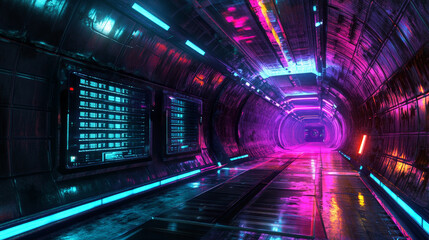 Abstract data center room with bright neon blue and pink light glowing server blocks. Realistic 3d vector illustration of tunnel with digital information and database warehouse super computer.