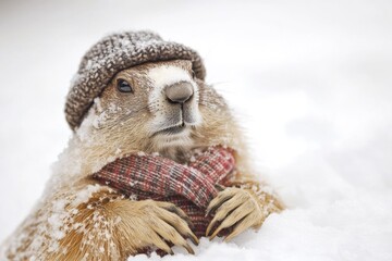 Obraz premium A groundhog wearing a hat and mittens in the snowy environment, perfect for winter-themed illustrations or designs