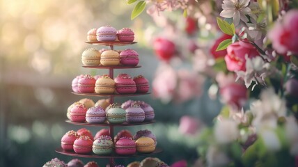 Elegant macaron tower display in blooming garden at sunset
