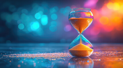 Hourglass with sand slowly dripping, set against a colorful bokeh background.  Reflecting on a shiny surface.
