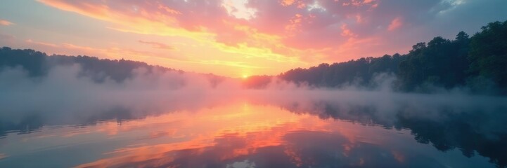 Naklejka premium Gentle mist rising from the lake as sunset approaches, sky, mist, water